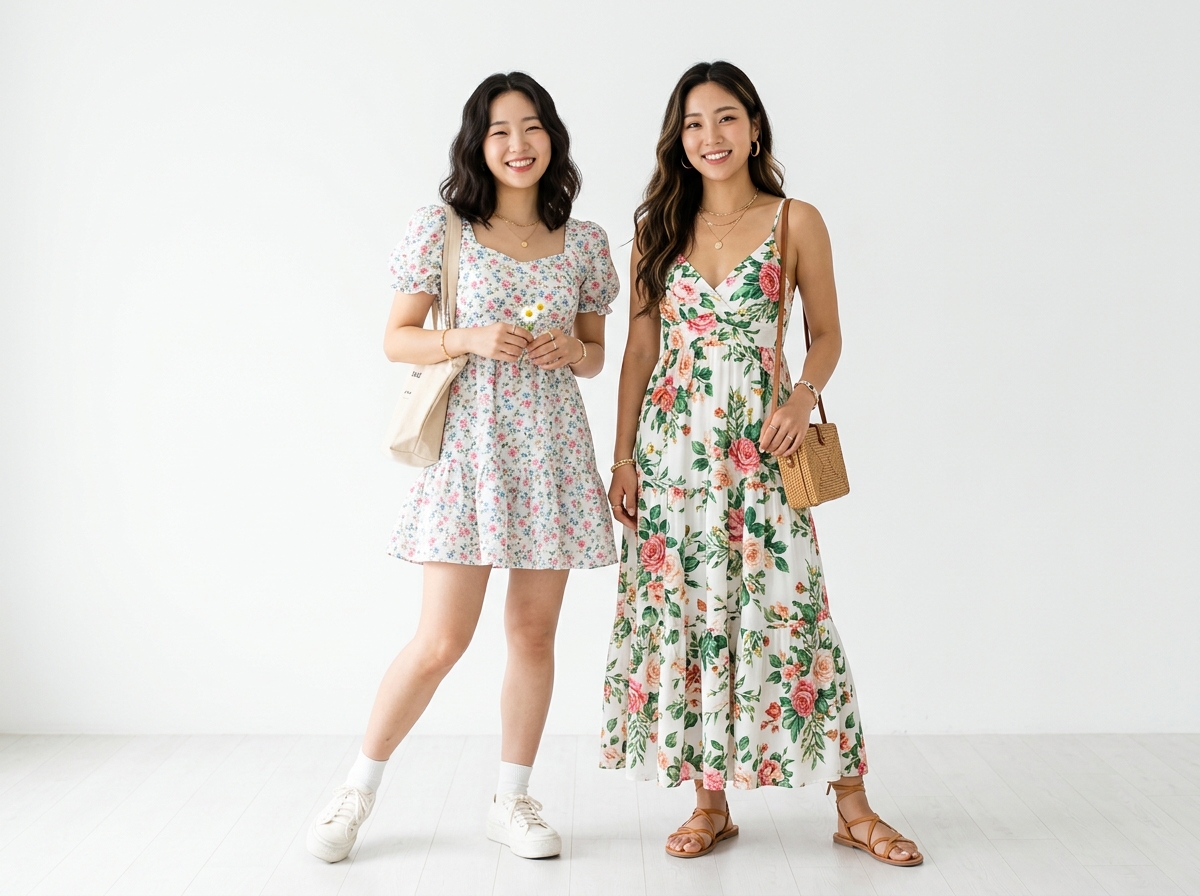 Two Korean fashion models side by side, one wearing mini floral dress with sneakers, other wearing maxi floral dress with sandals, bright white studio background, summer fashion lookbook style
