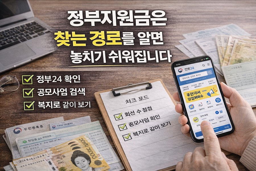 2026 정부지원금을 놓치지 않기 위해 정부24, 보조금 관련 포털, 복지성 지원 확인 경로를 한눈에 보여주는 안내 이미지