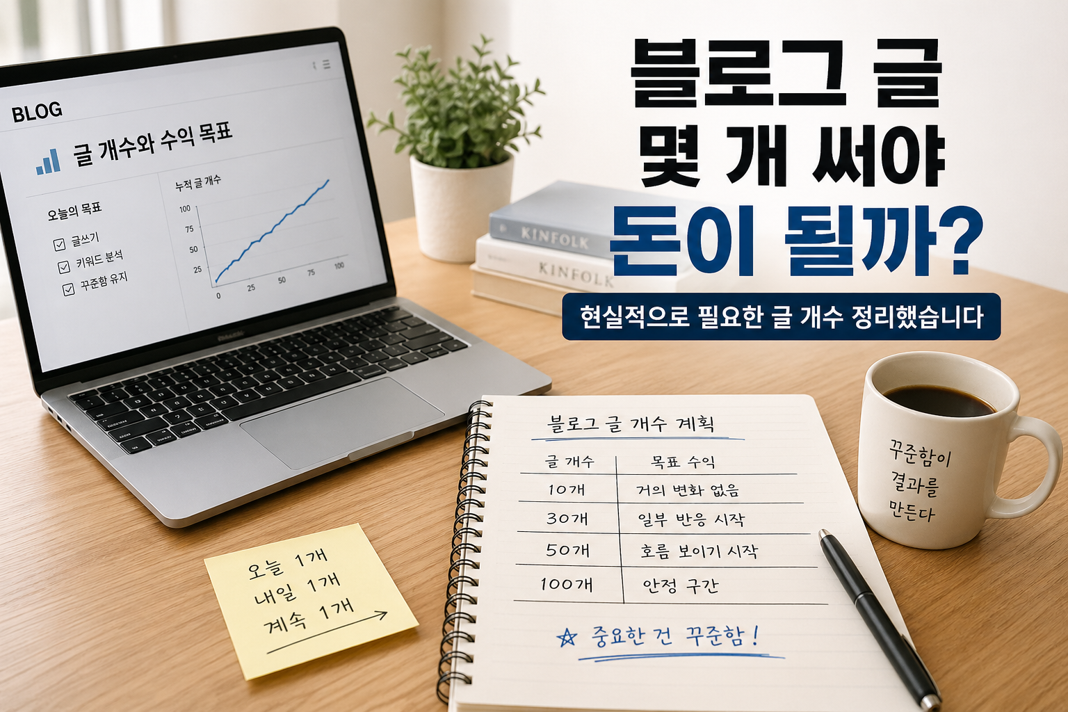 블로그 글 개수와 수익 관계를 설명하는 감성형 콘텐츠 이미지. 노트북의 성장 그래프와 메모 노트, 커피잔이 놓인 책상 위에서 현실적인 블로그 글 개수와 수익 흐름을 정리하고 있다.