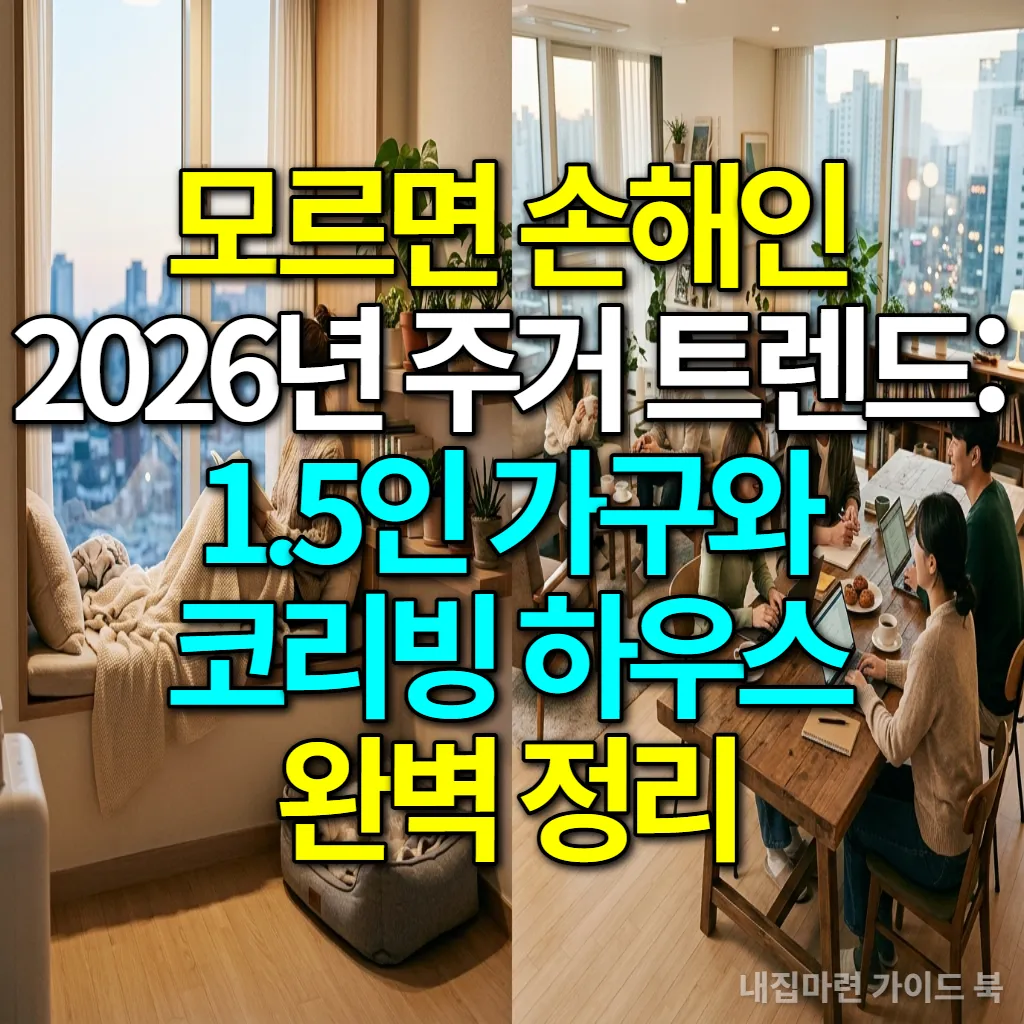 2026년 주거 트렌드를 보여주는 이미지. 반려동물과 식물이 있는 1.5인 가구의 아늑한 공간과 여러 한국인 청년들이 함께 소통하는 코리빙 하우스의 세련된 공유 공간이 어우러진 모습