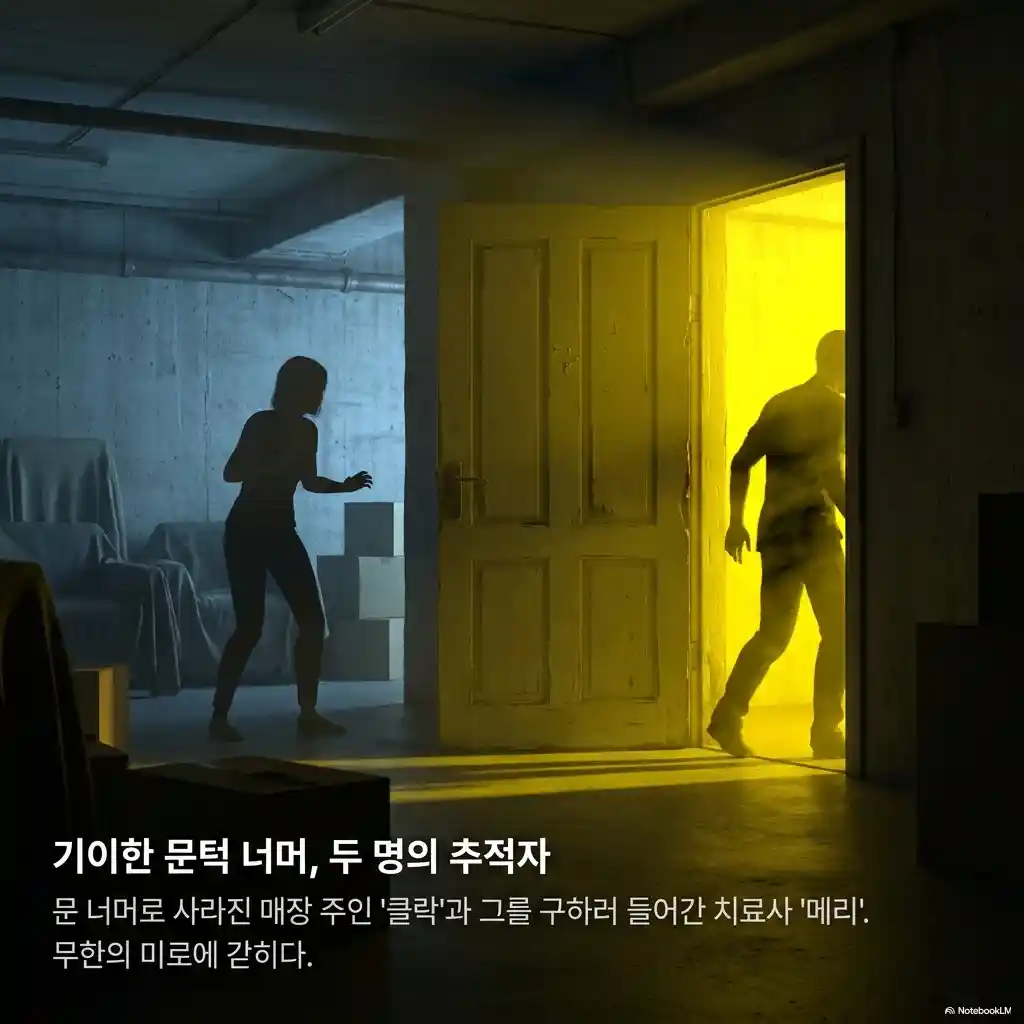 영화 백룸 줄거리 인포그래픽 - 클락 메리 기이한 문턱 너머 노란 빛 백룸 진입 두 인물 무한 미로에 갇히다