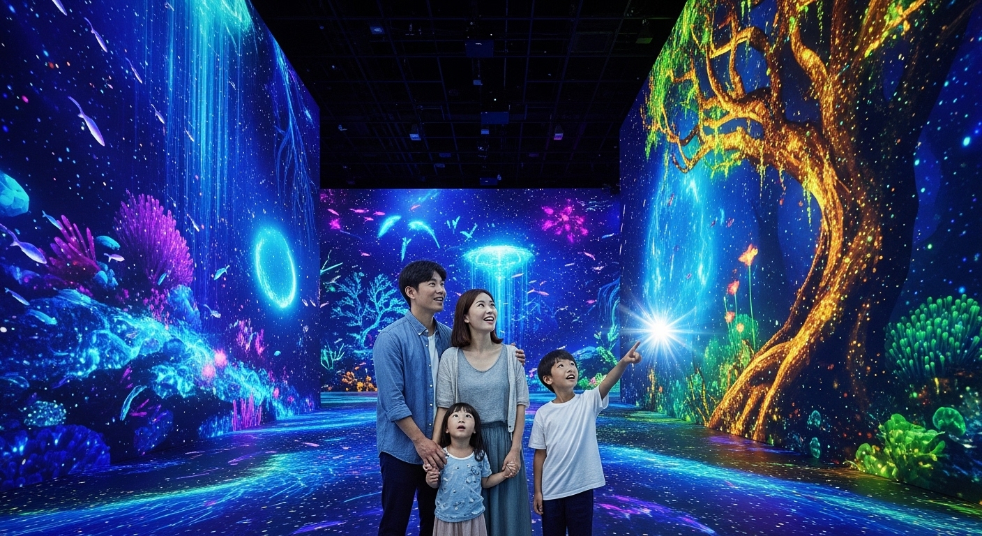 제주 아르떼뮤지엄에서 가족이 환상적인 미디어아트 전시에 몰입하여 감상하는 모습