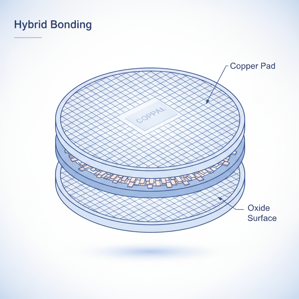 차세대 반도체 패키징 기술인 하이브리드 본딩의 단면 구조와 구리 연결 원리를 설명하는 기술적 도표