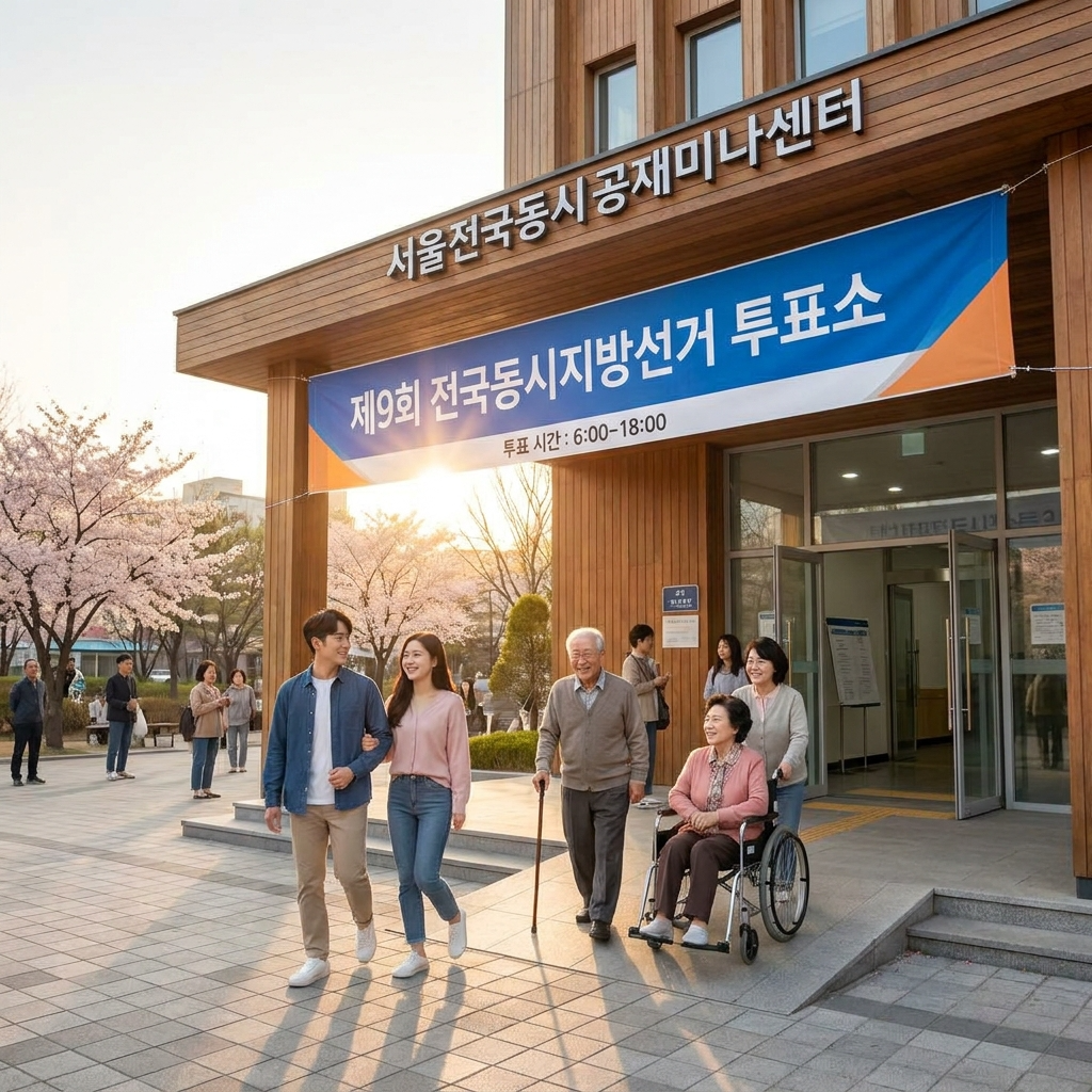 2026년 전국 지방선거 투표소 입구로 향하는 다양한 유권자들의 모습