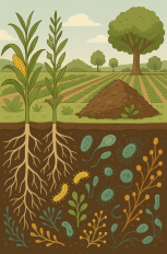 유기농업 환경에서 다양한 토양 미생물이 상호작용하며 작물 생장을 돕는 장면을 나타낸 일러스트