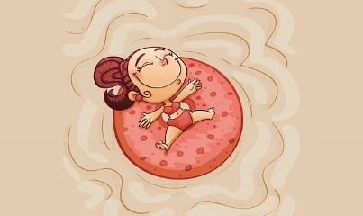 에너지바우처 . 여름 튜브를 끼우고 물위에 누운 그림.