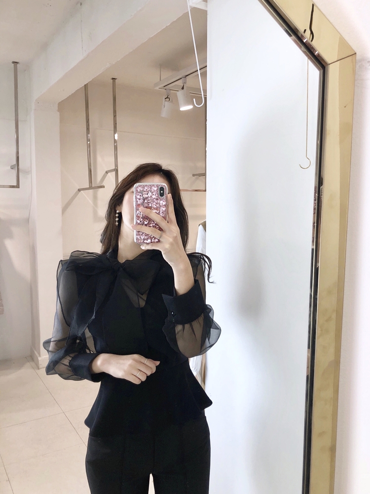 오간자 시스루 리본블라우스 쉬폰