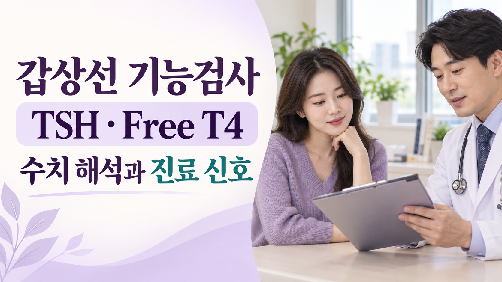 의사와 환자가 TSH와 Free T4 갑상선 기능검사 결과를 확인하는 카드뉴스