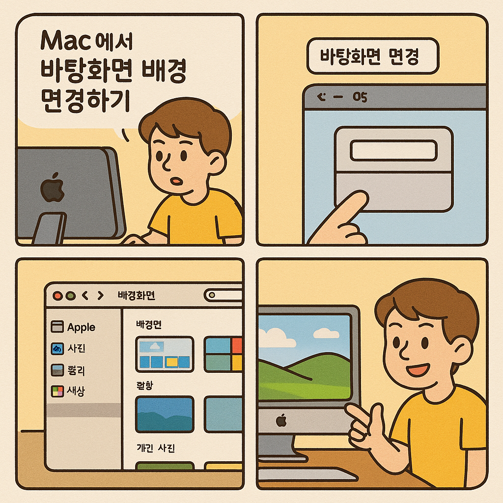 4칸짜리 일러스트 형식으로 구성된 Mac 배경화면 변경 안내 이미지.
첫 번째 칸: 노란 셔츠를 입은 남자 캐릭터가 iMac 앞에 앉아 ‘Mac에서 바탕화면 배경 변경하기’라는 말풍선을 띄우고 있음.
두 번째 칸: 트랙패드를 클릭해 ‘바탕화면 변경’ 메뉴를 선택하는 장면.
세 번째 칸: 시스템 설정 창에서 배경화면 항목과 다양한 배경 종류(사진, 물리, 색상 등)가 보임.
네 번째 칸: 새로운 배경화면이 적용된 iMac 화면을 보며 엄지척하는 캐릭터.
