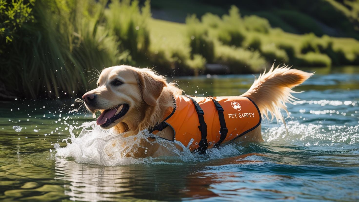 구명조끼를 착용하고 안전하게 물놀이를 즐기는 반려동물