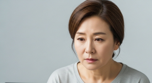 집중해서 드라마를 시청하는 중년 여성