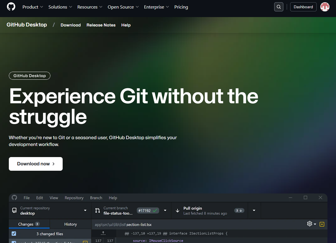 GitHub Desktop 공식 홈페이지 화면 일부