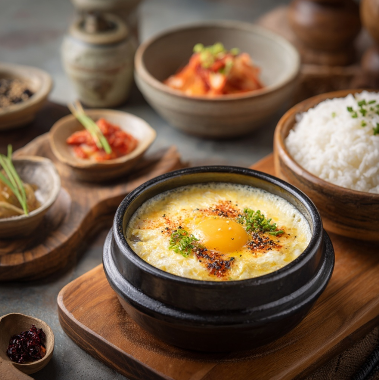 도마위 각종 반찬과 계란찜