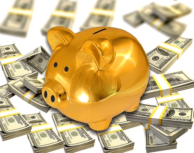 뚱뚱한 황금색 돼지저금통이 있다. 그 아래에는 달러 지폐 뭉치들이 한가득 깔려있다.