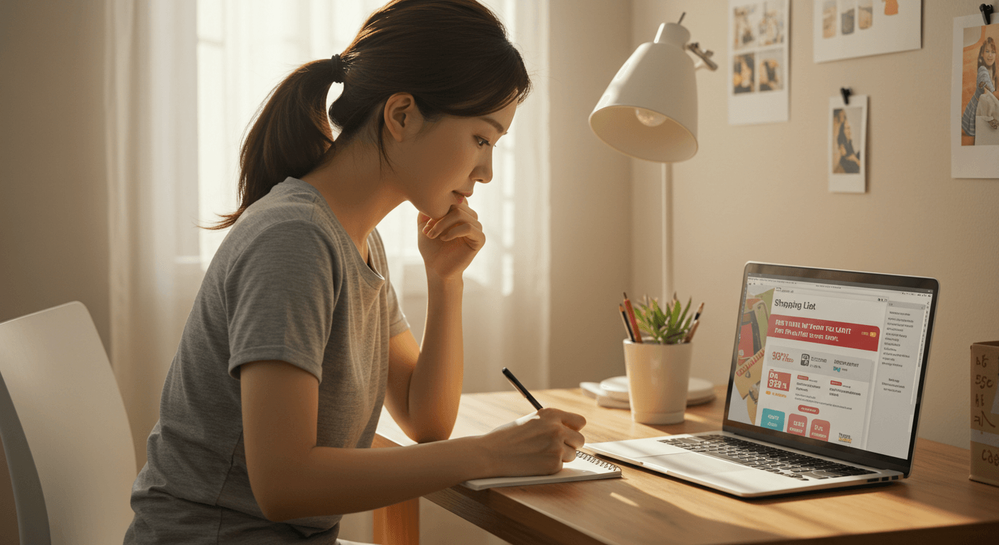 여성이 장보기 목록을 작성하며 온라인 할인행사를 확인하는 모습 3
