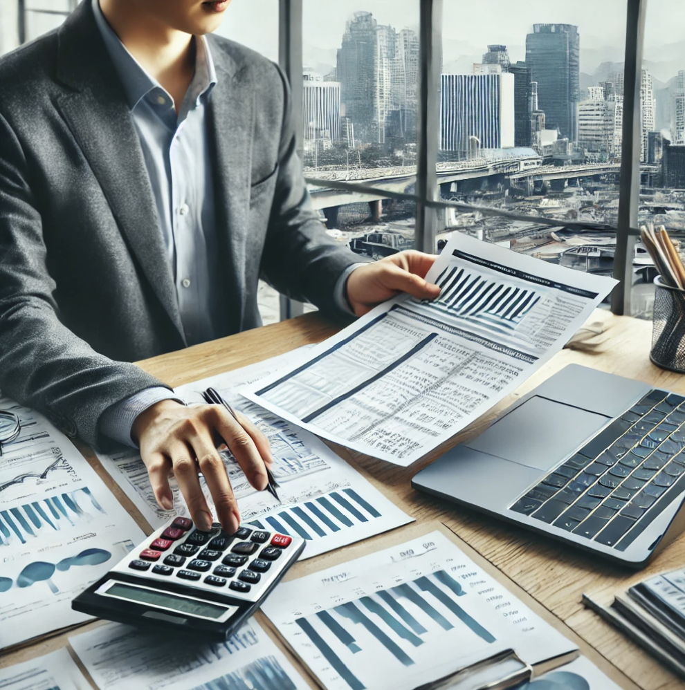 세무 전문가가 사무실에서 세금서류를 검토하는 모습