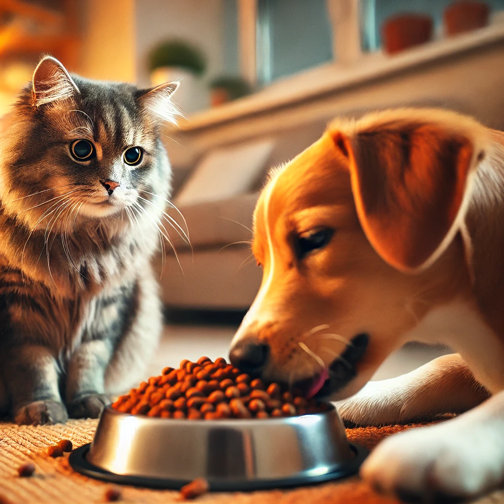 고양이가 강아지를 바라보는 모습, 살짝 당황한 표정