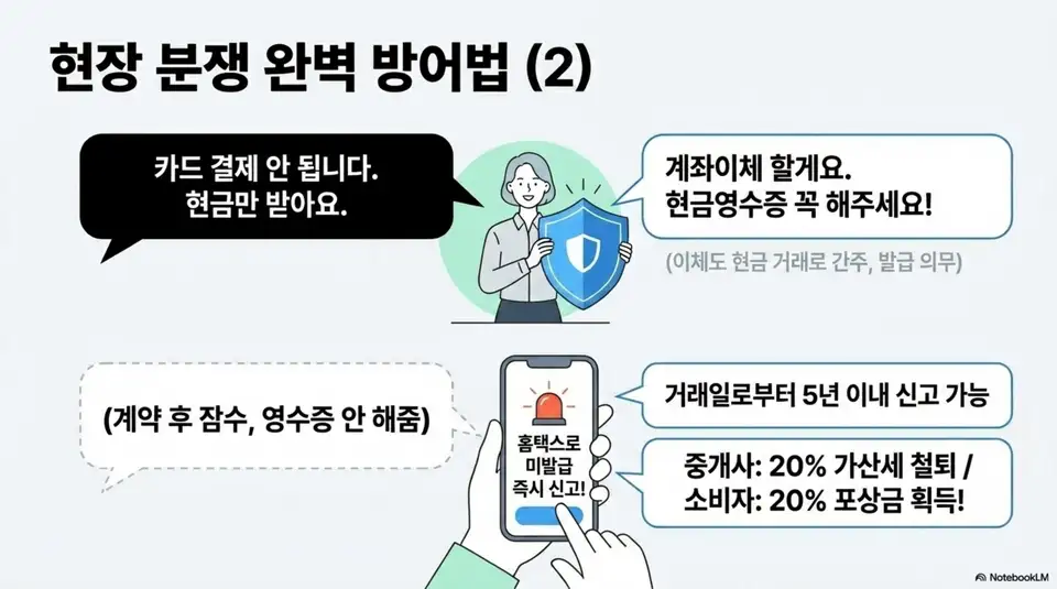 복비 현금영수증 분쟁: '카드 결제 안 됩니다 현금만 받아요'에 대한 계좌이체 후 현금영수증 요청 대응법과 계약 후 영수증을 안 해주는 경우 홈택스로 미발급 즉시 신고하는 방법(중개사 20% 가산세, 소비자 20% 포상금)을 설명한 인포그래픽 이미지. 이 이미지는 복비 현금영수증 거부 및 미발급 시 신고 대응법과 관련된 내용을 설명함