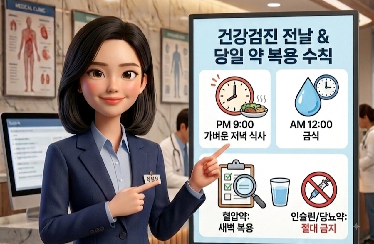 건강검진 전날 금식 시간 및 당일 혈압약 당뇨약 복용 수칙 인포그래픽