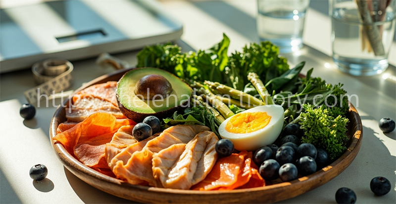 나무 쟁반에 아보카도,삶은달걀,연어,닭가슴살,각종 채소, 블루베리 등 지방태우는 다이어트 음식이 담겨 있는 이미지.