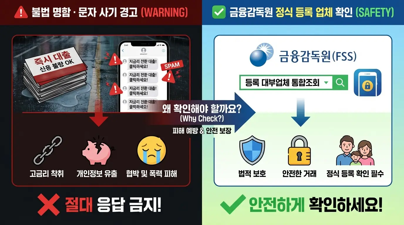 불법 명함 대출과 문자 사기를 경고하고 금융감독원 정식 등록 업체를 확인해야 하는 이유를 설명하는 인포그래픽
