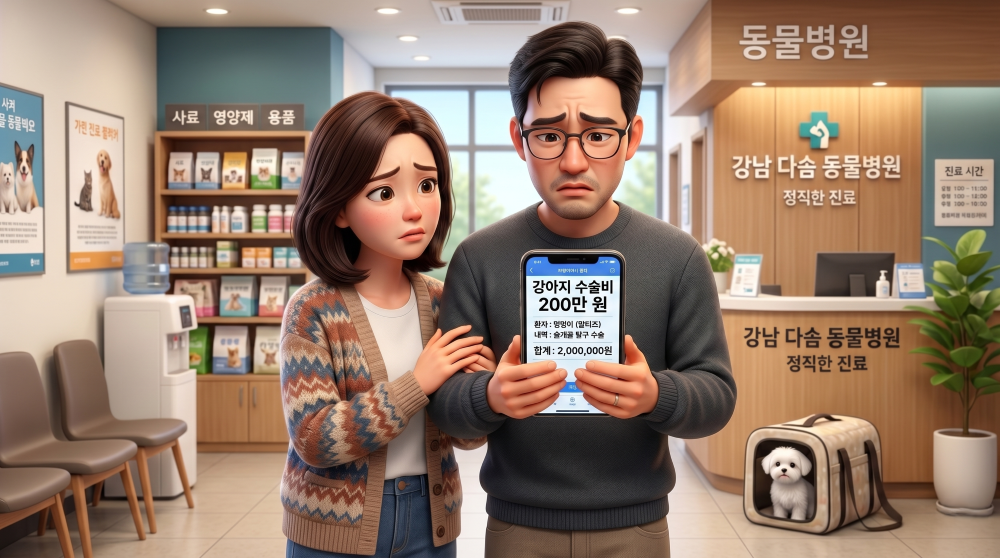 애완동물 진료비가 부담되는 상황을 재현한 캐릭터 이미지