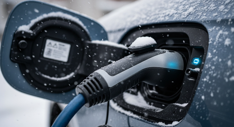 눈 내리는 추운 날씨에 전기차 충전 케이블이 연결되어 충전 중인 모습. 겨울철 현명한 충전 습관을 상징합니다.