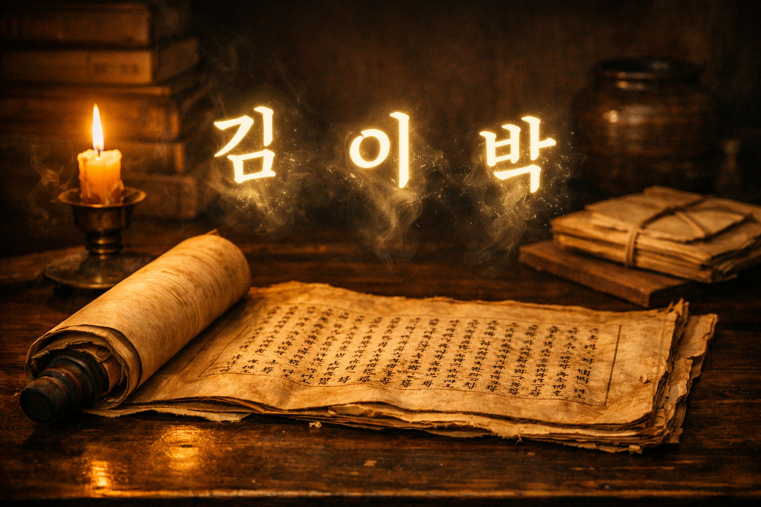 길라의 성씨 수리 분석 시스템을 상징하는 고전 족보 책과 빛나는 성씨 기호들의 신비로운 모습