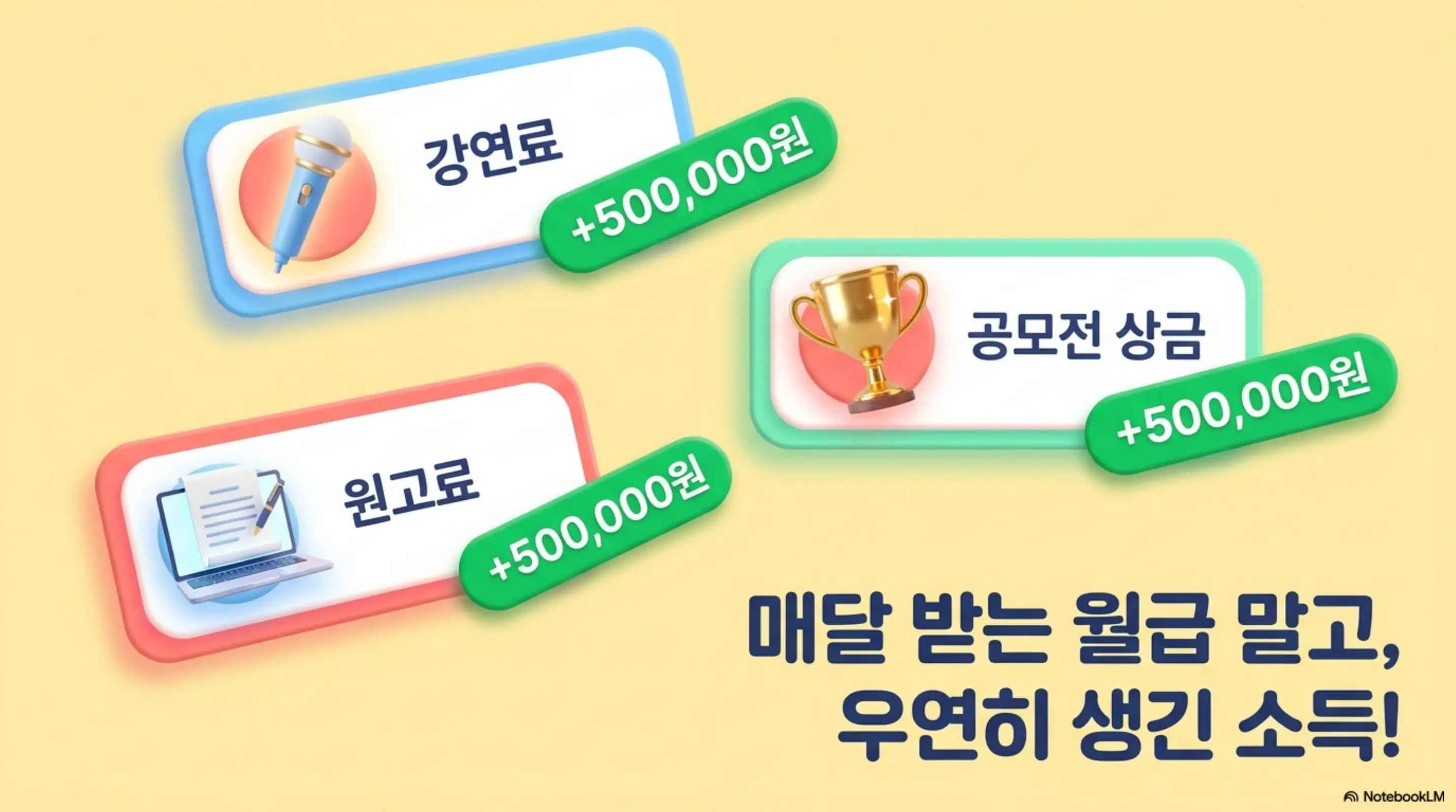 기타소득: 강연료 원고료 공모전 상금 등 기타소득의 대표 항목을 카드 형태로 보여주는 인포그래픽 이미지. 이 이미지는 매달 받는 월급이 아닌 우연히 생긴 일시적 소득이 기타소득에 해당한다는 핵심 정보를 시각적으로 전달하며&amp;#44; 블로그의 기타소득 종류와 대표 항목과 관련된 내용을 설명함