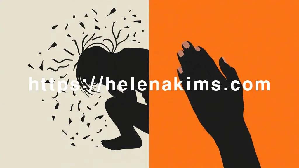 왼쪽은 혼란스러운 회색빛 배경에 어지럼증으로 고통받으며 외로움을 느끼는 사람의 실루엣이 웅크리고 있다. 오른쪽은 따뜻한 주황색 계열의 안정적인 배경 위로, 다른 두 손이 실루엣을 부드럽게 감싸 안거나 지지하는 모습.