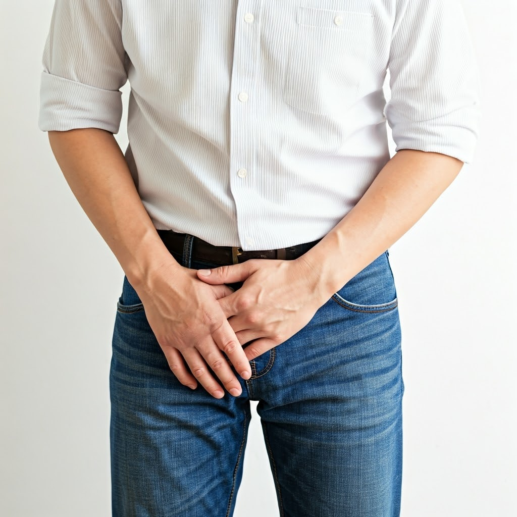 요도염으로 통증부위를 두손바닥으로 가리고 있는 남성 사진