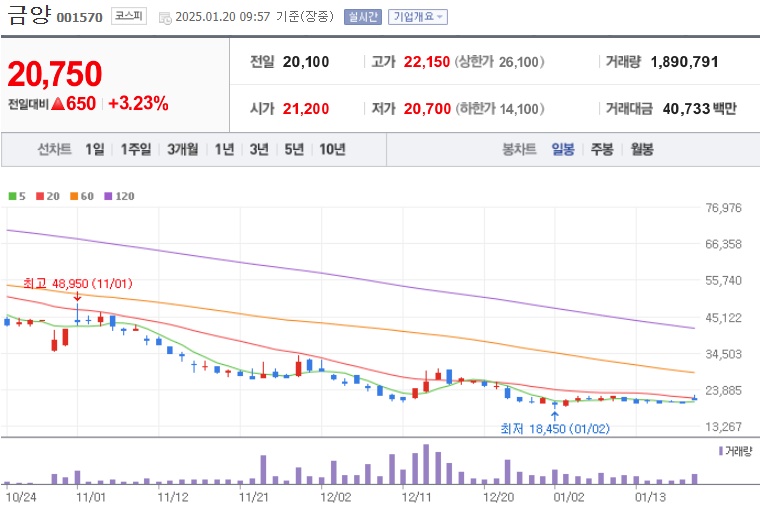 금양 주가 (0120)