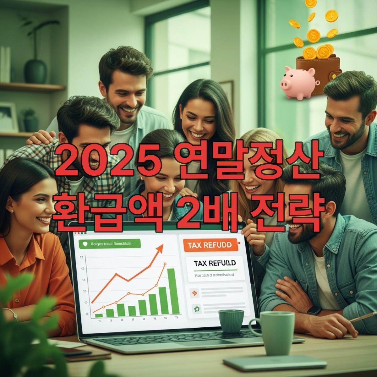 2025년 연말정산 환급액이 크게 늘어 기뻐하는 직장인들, 스마트한 절세 전략으로 재정 목표를 달성하는 모습.