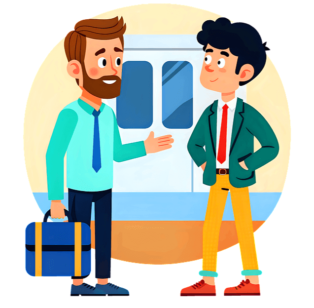 두 남자가 서서 대화하고 있다. 청록색 셔츠를 입은 남자와 녹색 쟈켓을 입은 남자이다.