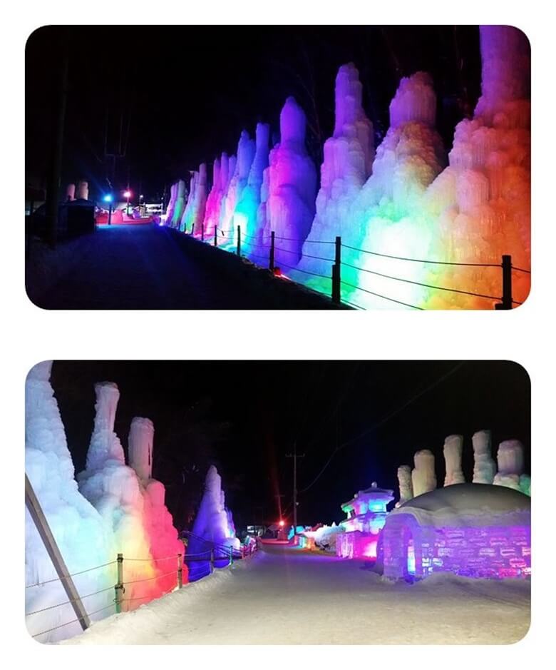상단/하단사진은 야경을 배경으로 얼음분수와 이글루, 얼음조각품등이 다양한 색깔의 조명을 받아서 형형색색 아름다운 색을 띄고 있는 야경