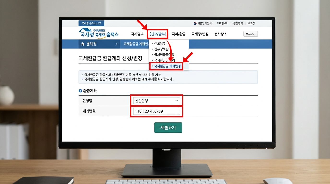 홈택스에서 환급 계좌 오류 시 올바른 본인 명의 계좌로 변경하는 화면