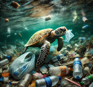 플라스틱 문제의 심각성과 대책 관련 플라스틱을 먹고 있는 바다거북이 이미지