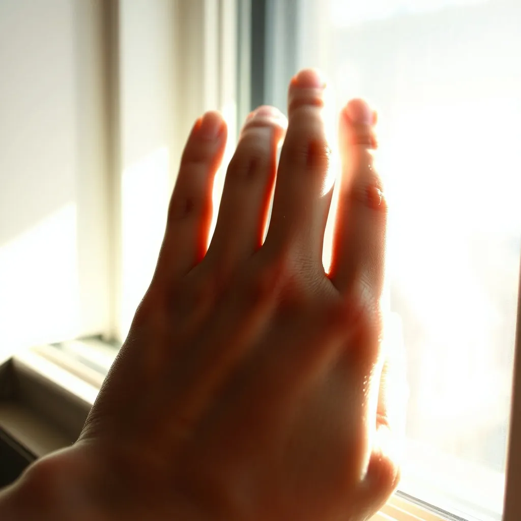 강렬한 햇빛이 내리쬐는 창가에서 얼굴을 가린 채 앉아있는 사람의 손. 피부가 햇빛에 노출되면서 붉어지거나 가늘게 발진이 돋아나는 듯한 섬세한 표현. 밝은 햇빛과 대비되는 그림자가 피부의 민감성을 부각시킵니다.