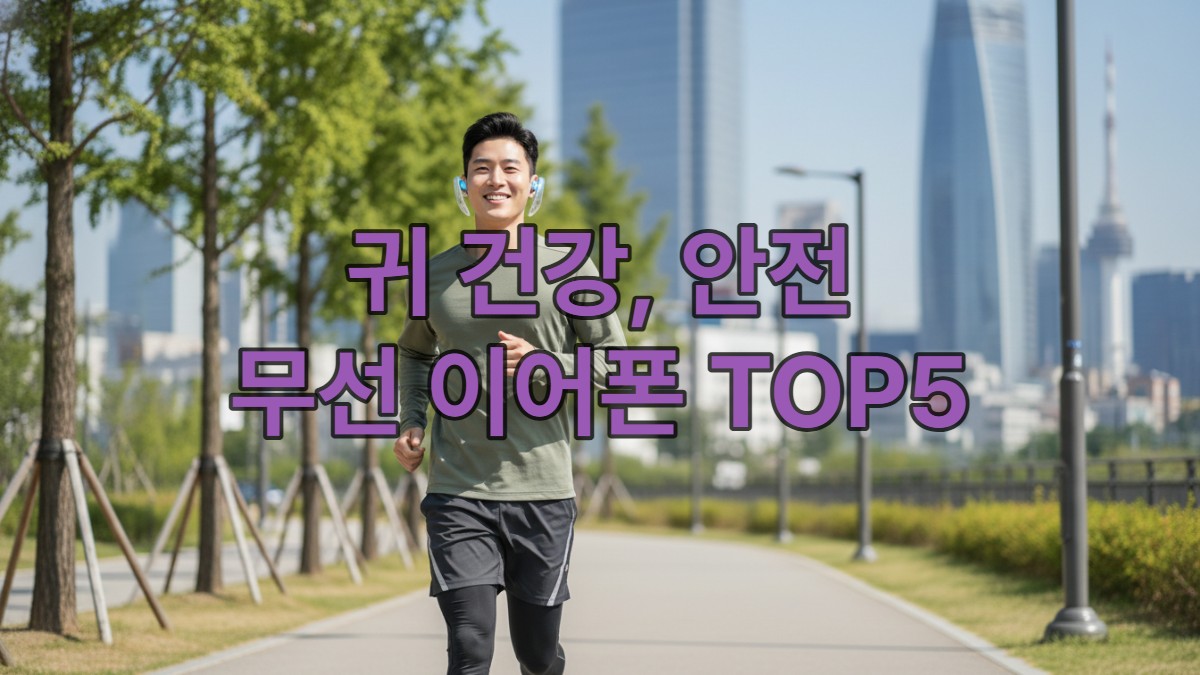 2026년 서울 도심 공원에서 오픈형 무선 이어폰을 착용하고 조깅하는 젊은 한국 남성.