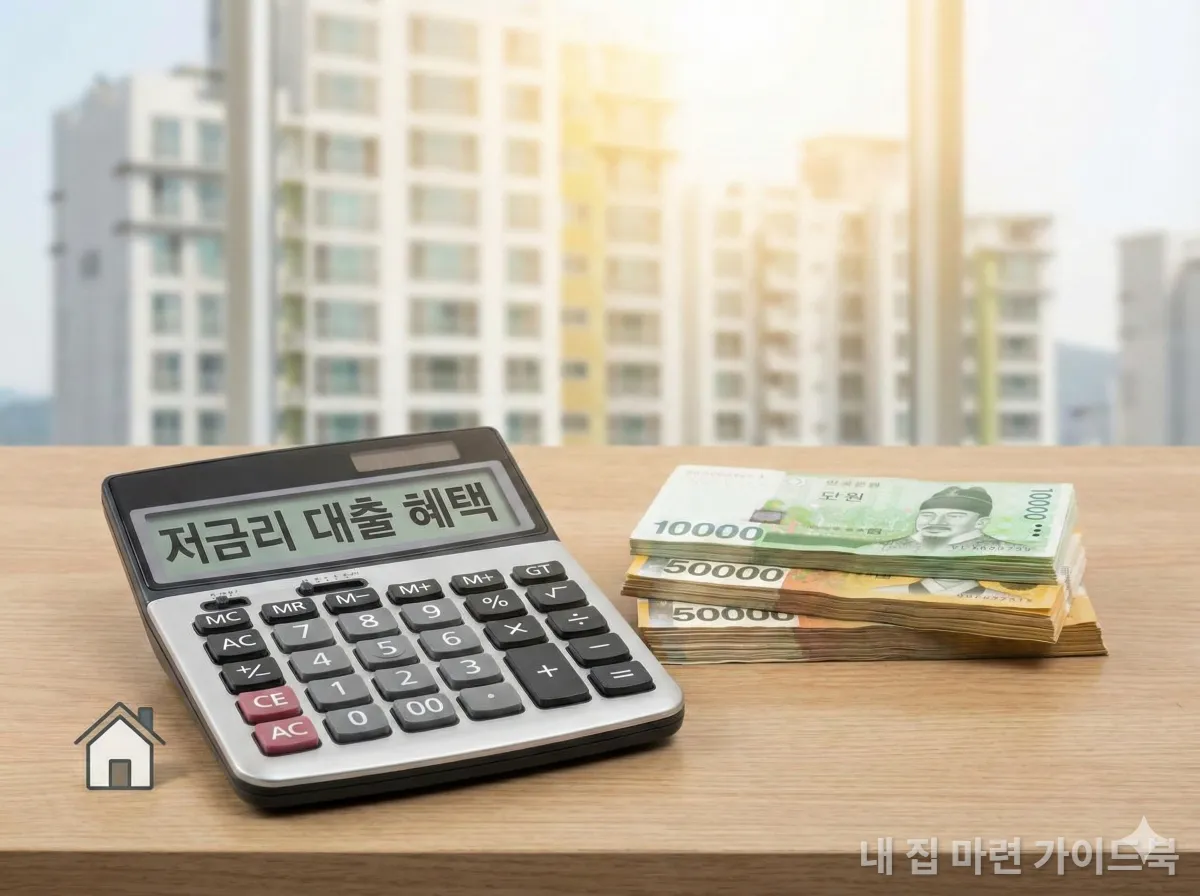 저금리 대출 혜택을 계산하는 계산기와 한국 지폐, 아파트 배경