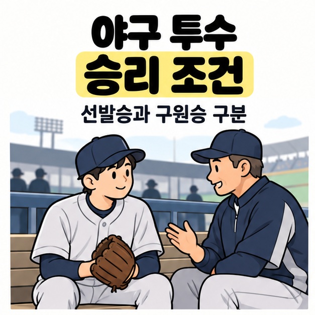 야구 투수 승리 조건이라는 제목 아래 글러브를 든 투수와 코치가 벤치에 앉아 선발승과 구원승을 이야기하는 모습