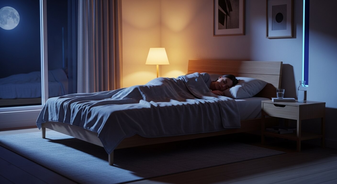 밤에 침대에서 잠을 자는 사람