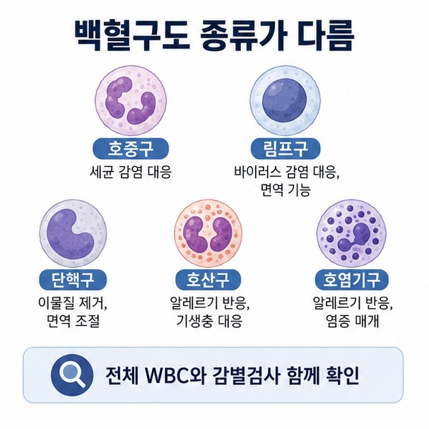 호중구와 림프구, 단핵구, 호산구, 호염기구 등 백혈구의 주요 종류와 감별검사를 정리한 이미지