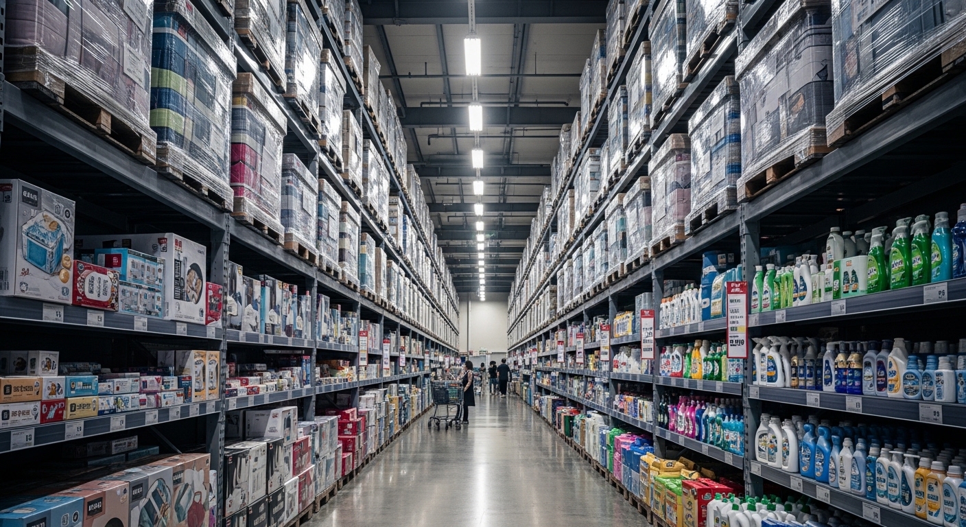 침구와 수납용품이 길게 이어진 할인매장 통로 전경 