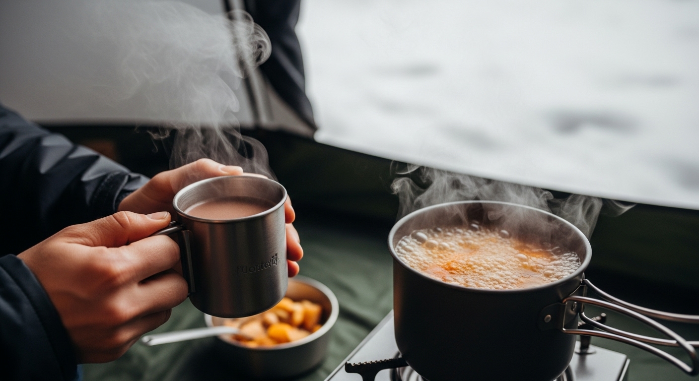 따뜻한 캠핑 수프가 끓는 코펠과 김이 모락모락 나는 머그컵