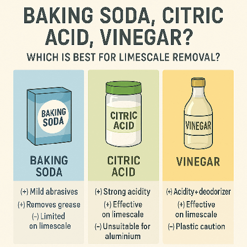 각 재료(베이킹소다, 구연산, 식초)의 특징과 세정력