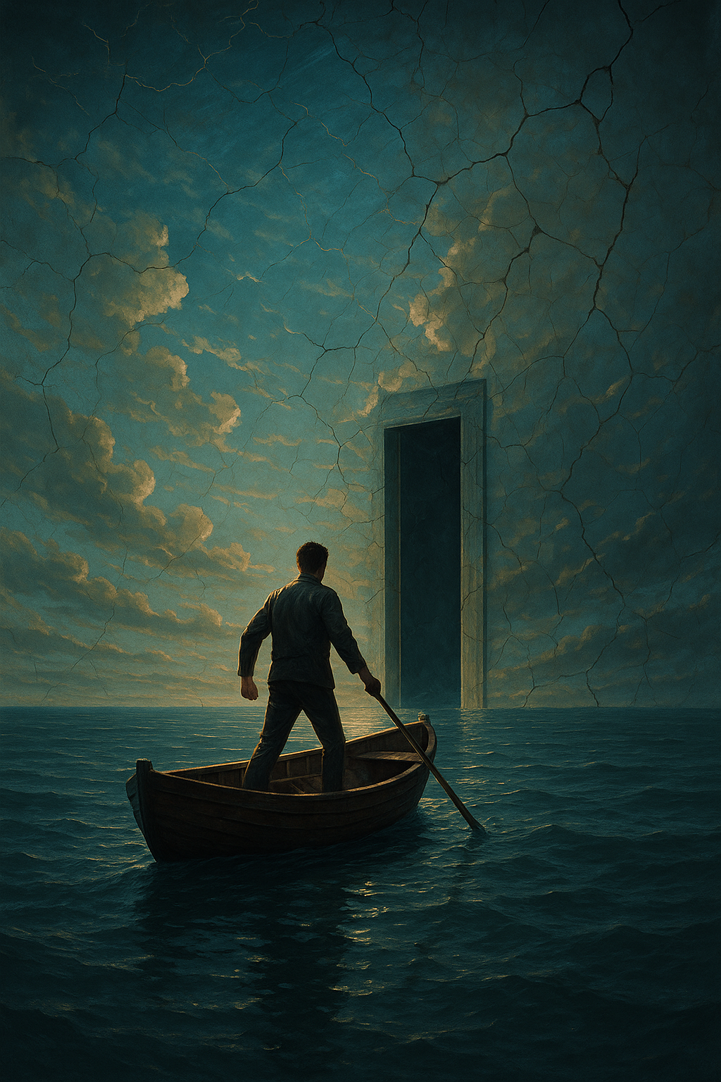 작은 보트에 탄 한 남성이 인공 하늘의 끝에 도달하는 장면