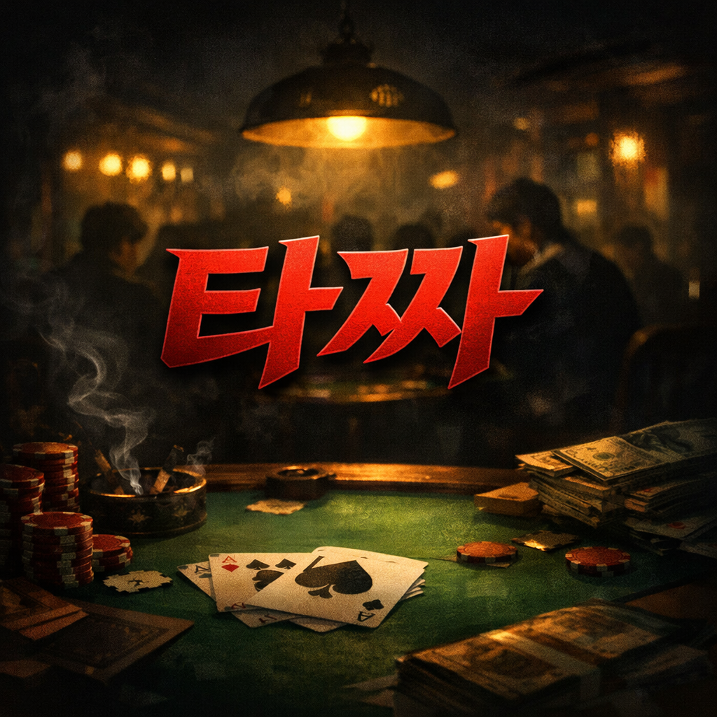 도박판과 도박장의 어두운 모습 이미지. 영화제목 타짜 문구가 삽입되어 있음.