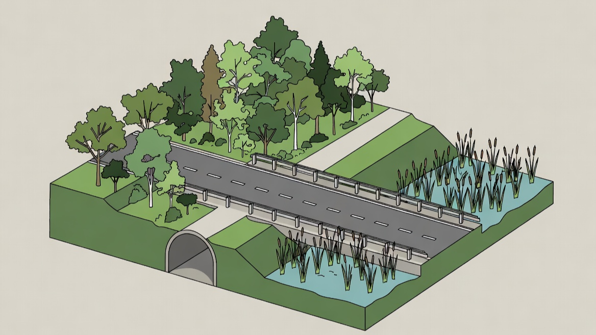 숲과 습지를 잇는 이상적인 양서류 생태 통로 시스템 도식
