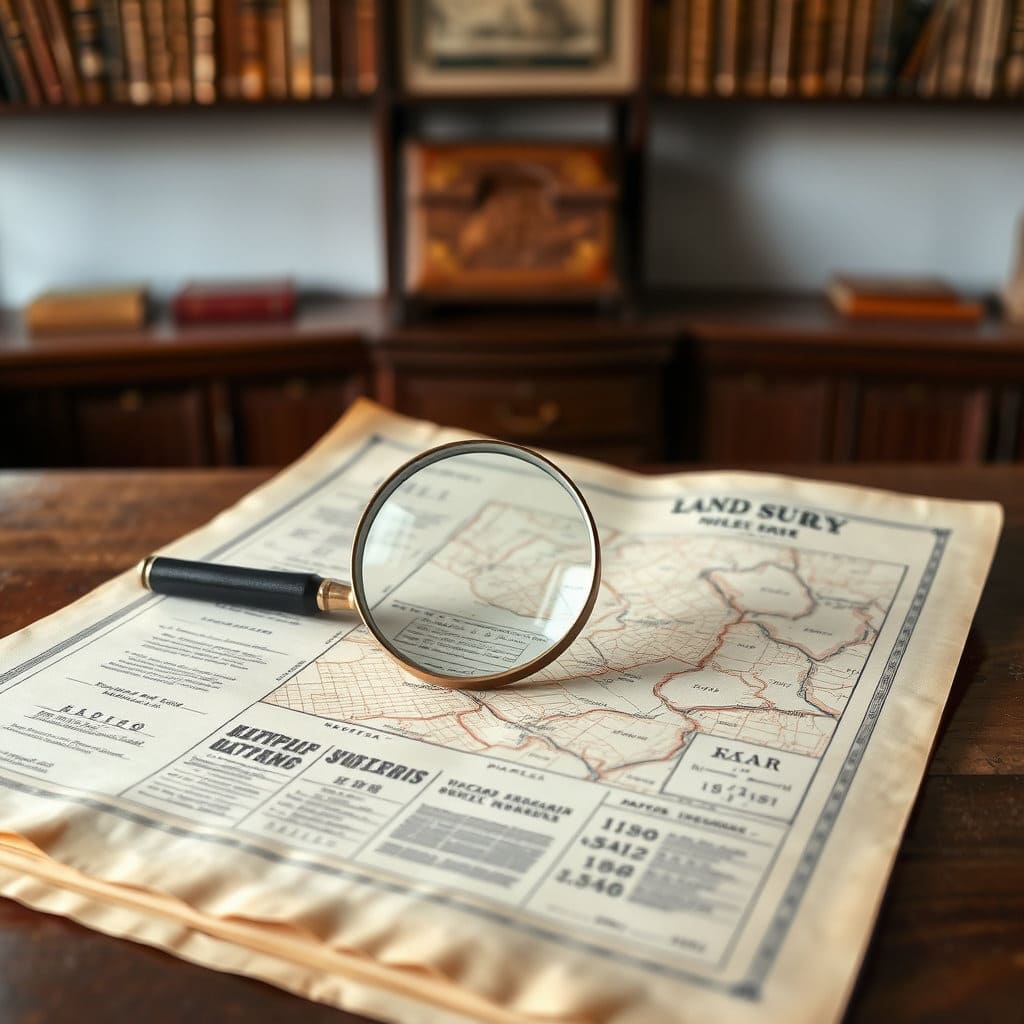 오래된 지적원도 문서가 펼쳐져 있고, 그 위에 돋보기가 놓여 상세한 필지 정보를 확대해 보여줍니다. 문서의 질감과 색감을 살려 역사적인 느낌을 강조하며, 배경은 차분하고 고요한 서재 분위기입니다.
